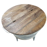 26 inch Accent Round Cocktail Table, Tub Like Iron Base, Brown, Gray, Washed White - BM193783
