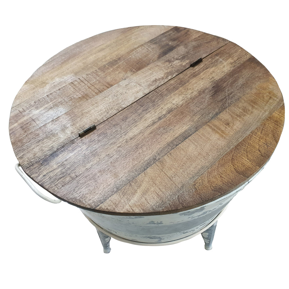 26 inch Accent Round Cocktail Table, Tub Like Iron Base, Brown, Gray, Washed White - BM193783