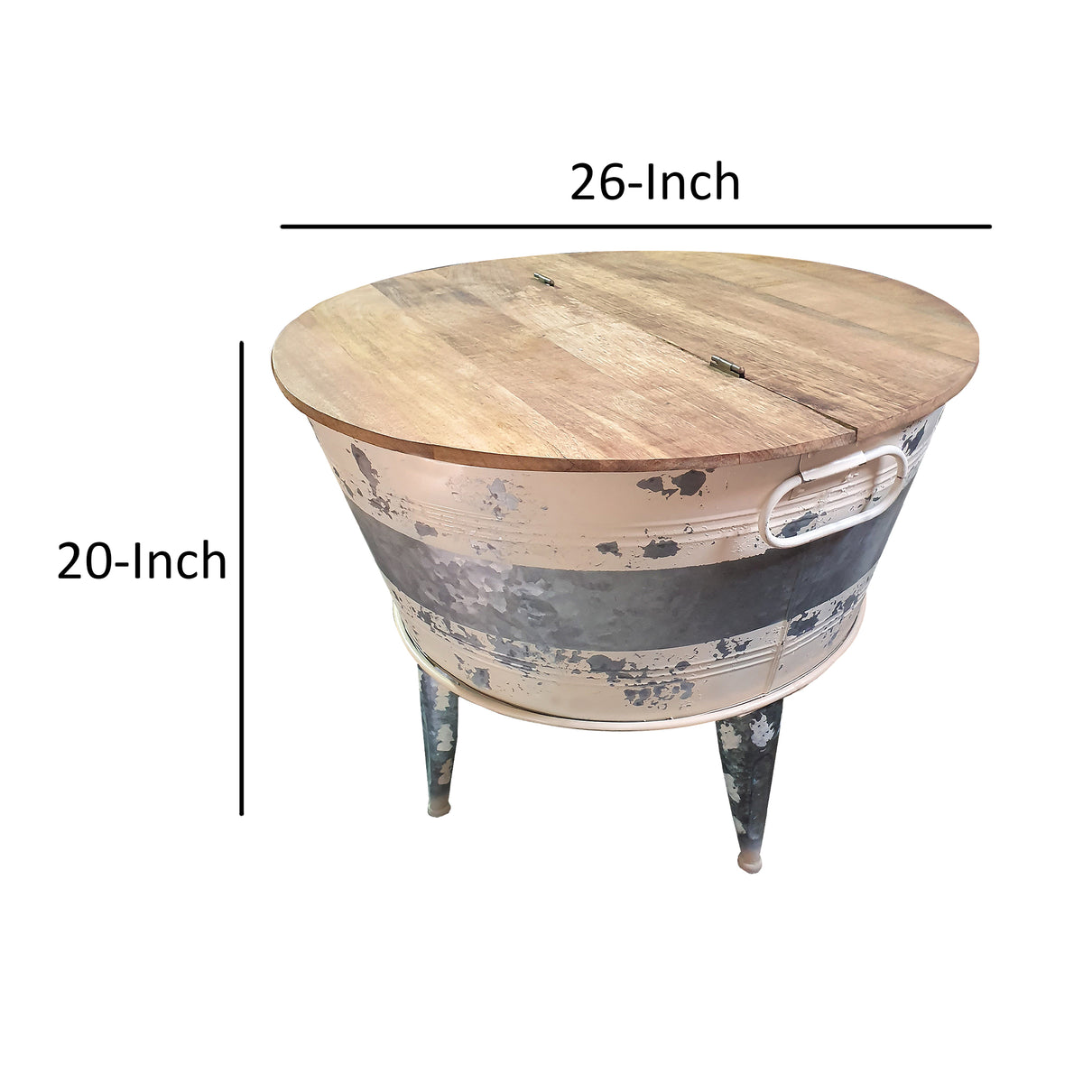26 inch Accent Round Cocktail Table, Tub Like Iron Base, Brown, Gray, Washed White - BM193783