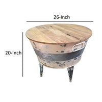 26 inch Accent Round Cocktail Table, Tub Like Iron Base, Brown, Gray, Washed White - BM193783