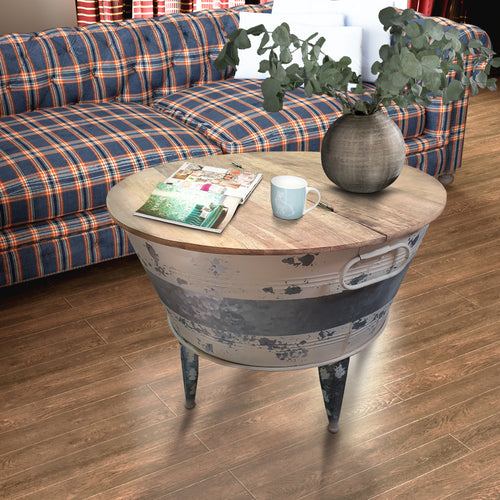 26 inch Accent Round Cocktail Table, Tub Like Iron Base, Brown, Gray, Washed White - BM193783