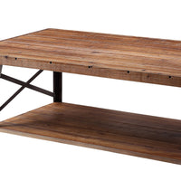 Wooden Coffee Table with X Crossed Metal Sides and Open Shelf, Brown and Black - AMF-81175