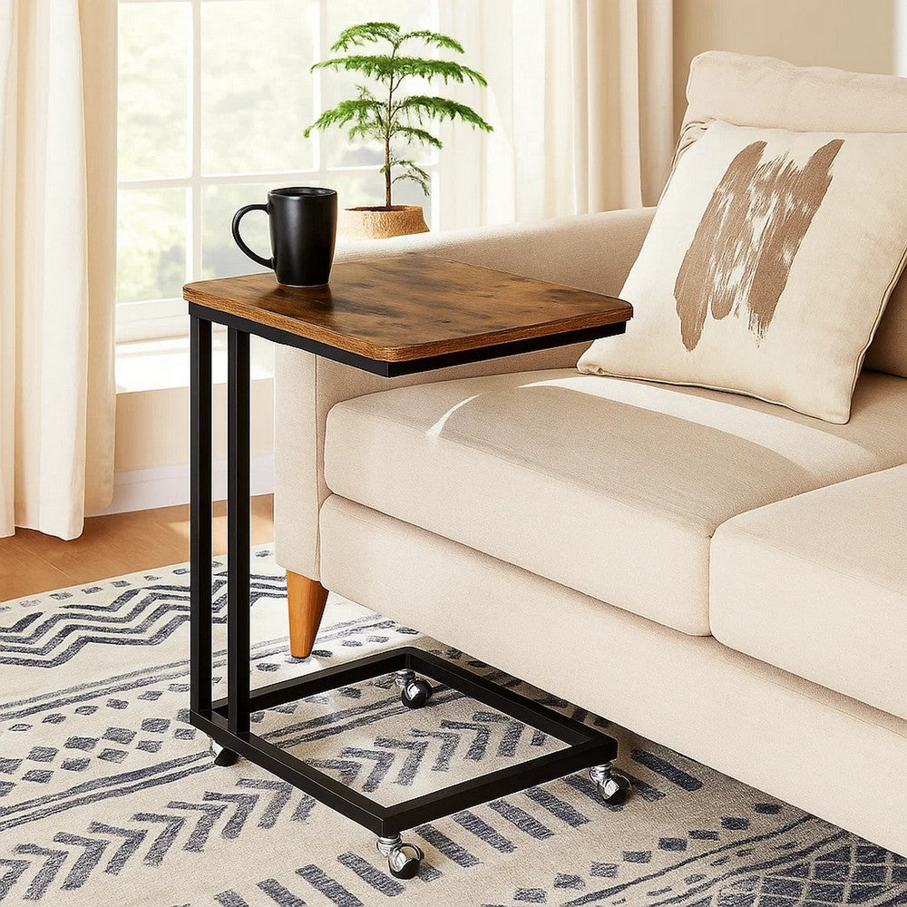 Rustic Wooden Side Sofa Table with Cantilever Iron Base, Brown and Black - BM193922