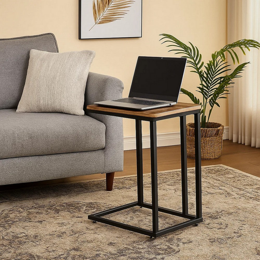Rustic Wooden Side Sofa Table with Cantilever Iron Base, Brown and Black - BM193922