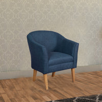 BM194027 - Fabric Upholstered Wooden Accent Chair with Curved Back, Blue and Brown