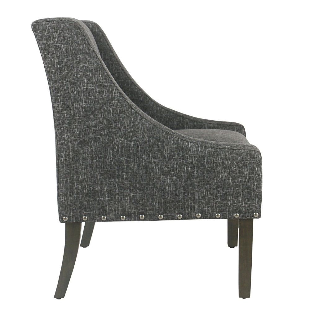 BM194076 - Fabric Upholstered Wooden Accent Chair with Swooping Arms and Nail Head Trim, Gray and Brown