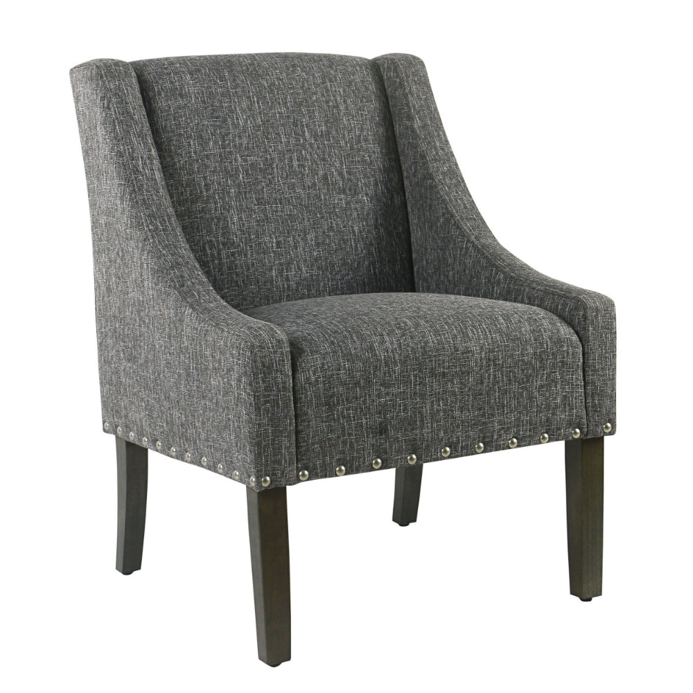 BM194076 - Fabric Upholstered Wooden Accent Chair with Swooping Arms and Nail Head Trim, Gray and Brown