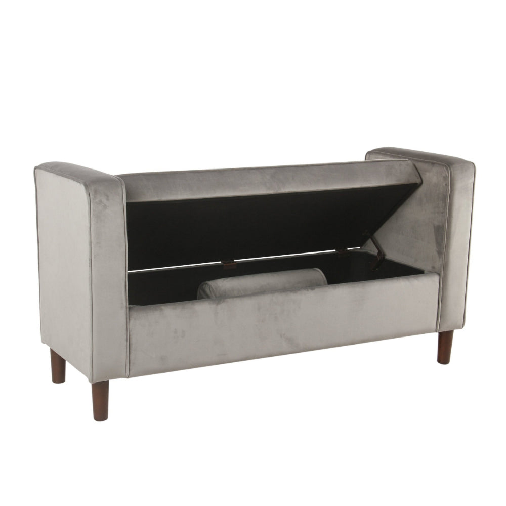 BM194081 - Velvet Upholstered Wooden Bench with Lift Top Storage and Two Bolster Pillows, Gray
