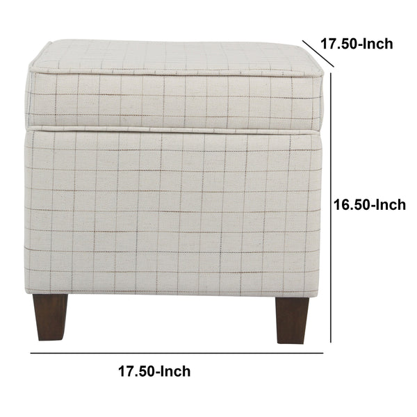 BM194105 - Wooden Square Ottoman with Grid Patterned Fabric Upholstery and Hidden Storage, Beige and Brown