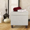 BM194105 - Wooden Square Ottoman with Grid Patterned Fabric Upholstery and Hidden Storage, Beige and Brown