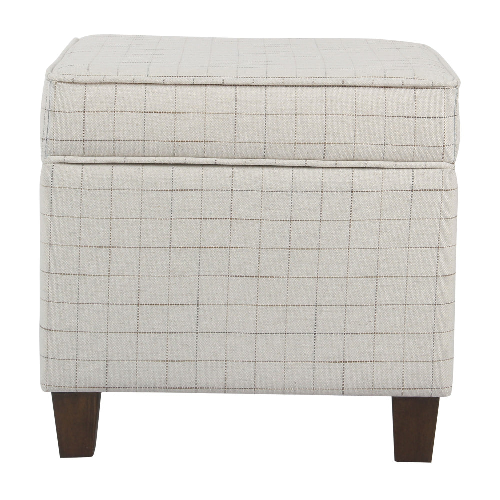 BM194105 - Wooden Square Ottoman with Grid Patterned Fabric Upholstery and Hidden Storage, Beige and Brown