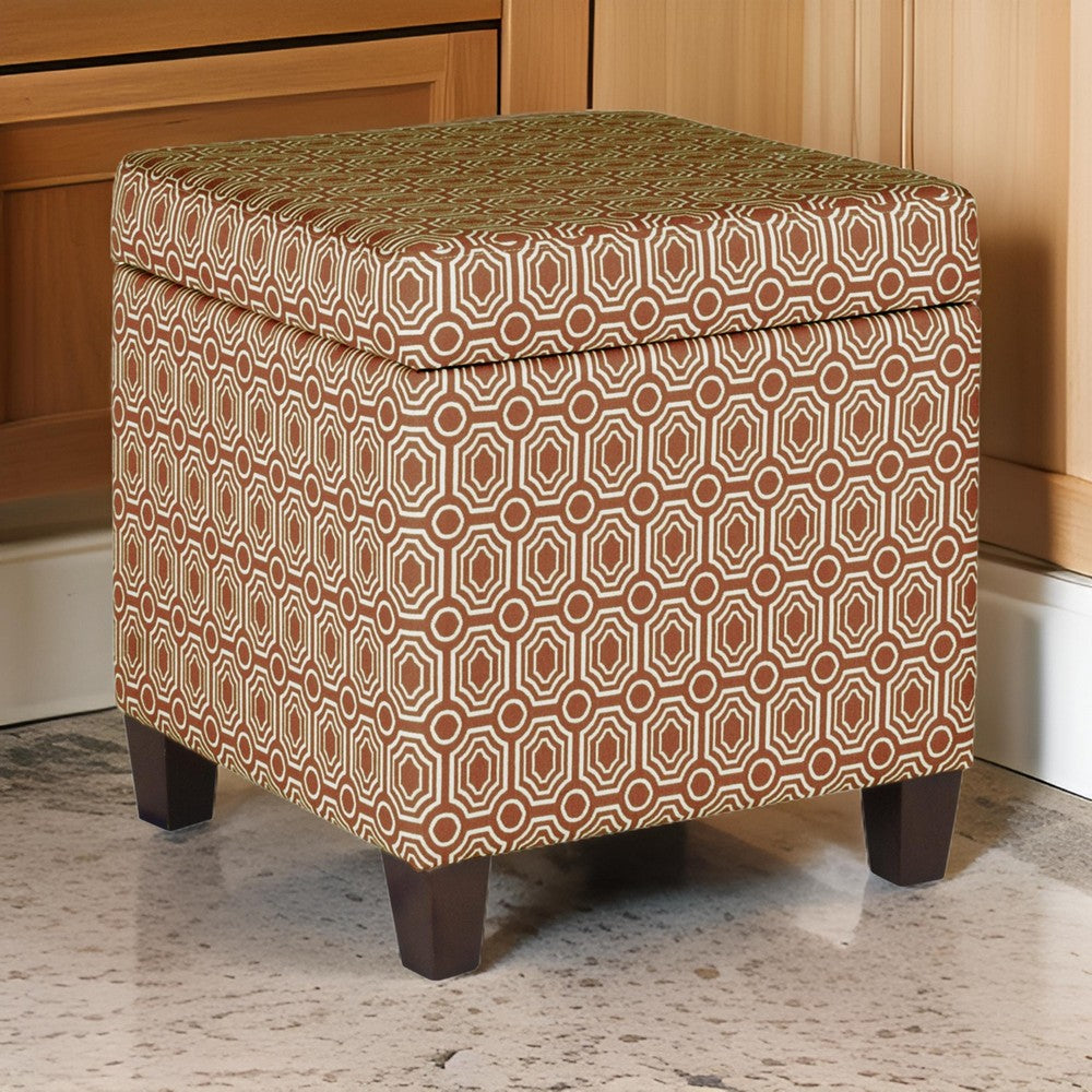 BM194107 - Geometric Patterned Square Wooden Ottoman with Lift Off Lid Storage, Orange and Cream