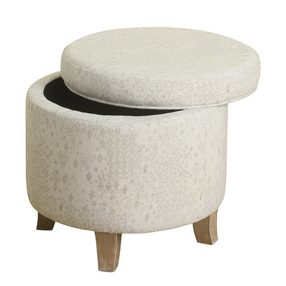 BM194108 - Fabric Upholstered Round Wooden Ottoman with Lift Off Lid Storage, Gray and Brown