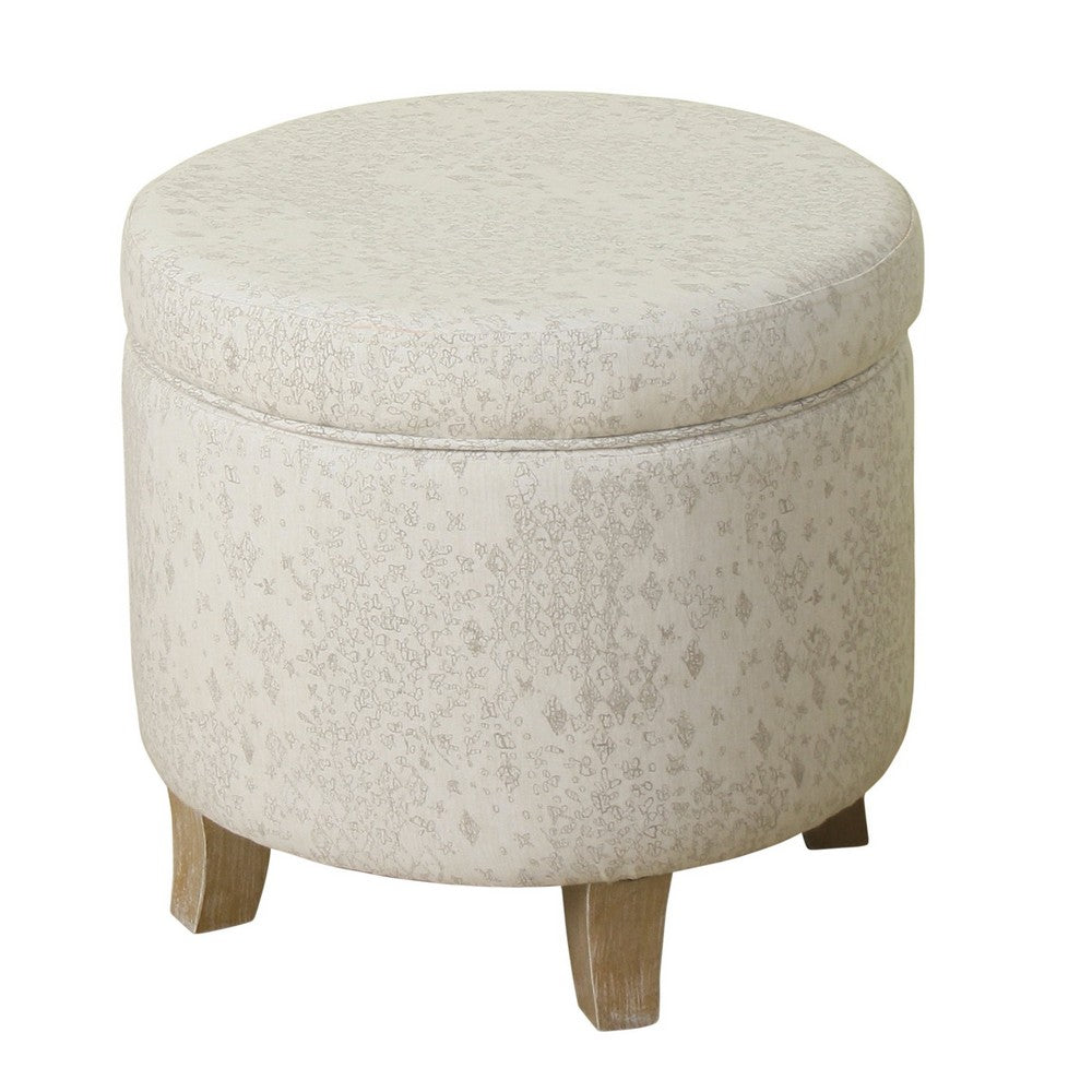 BM194108 - Fabric Upholstered Round Wooden Ottoman with Lift Off Lid Storage, Gray and Brown