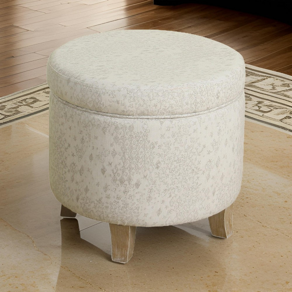 BM194108 - Fabric Upholstered Round Wooden Ottoman with Lift Off Lid Storage, Gray and Brown