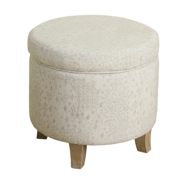 BM194108 - Fabric Upholstered Round Wooden Ottoman with Lift Off Lid Storage, Gray and Brown