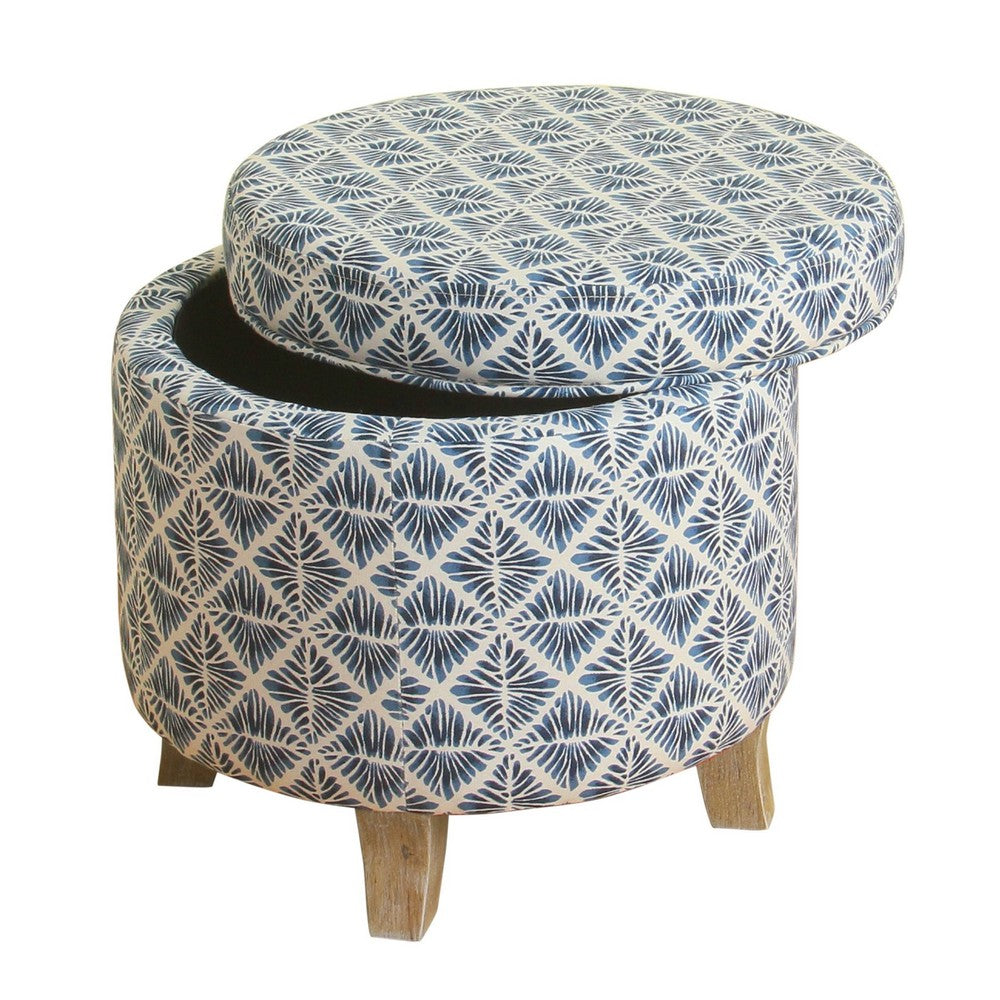 BM194109 - Round Shaped Fabric Upholstered Wooden Ottoman with Lift Off Lid Storage, Blue and White
