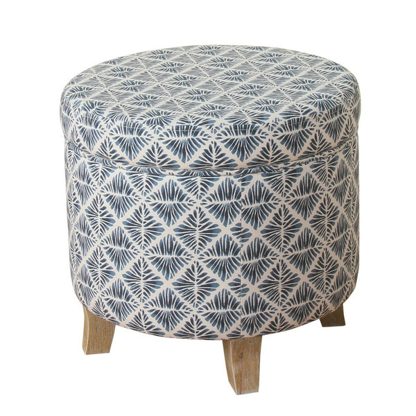 BM194109 - Round Shaped Fabric Upholstered Wooden Ottoman with Lift Off Lid Storage, Blue and White