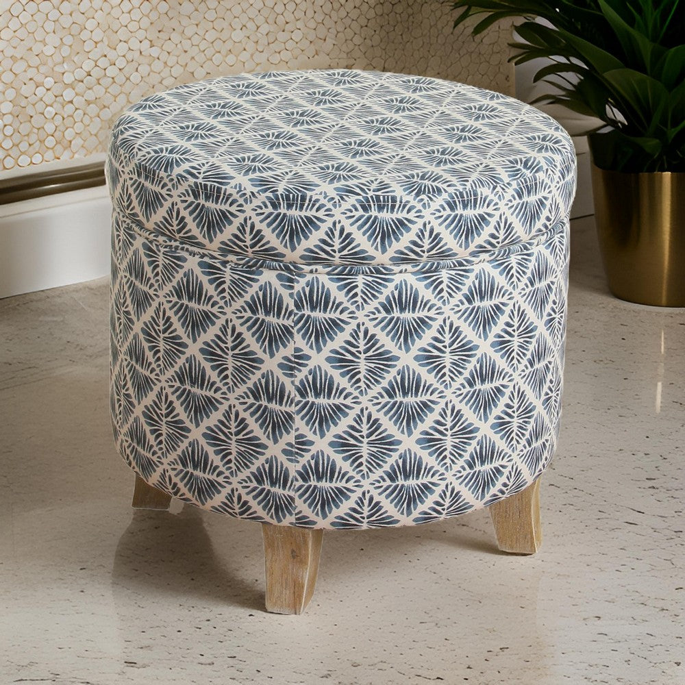 BM194109 - Round Shaped Fabric Upholstered Wooden Ottoman with Lift Off Lid Storage, Blue and White