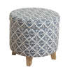 BM194109 - Round Shaped Fabric Upholstered Wooden Ottoman with Lift Off Lid Storage, Blue and White