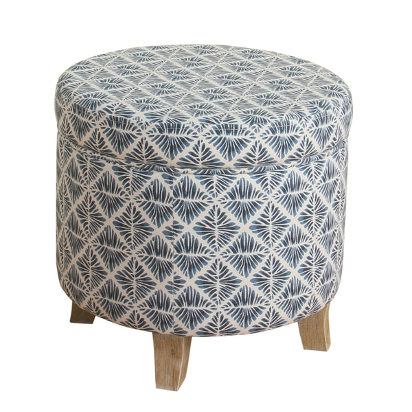 BM194109 - Round Shaped Fabric Upholstered Wooden Ottoman with Lift Off Lid Storage, Blue and White