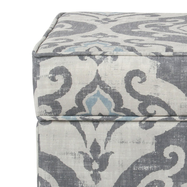 BM194113 - Wooden Ottoman with Patterned Fabric Upholstery and Hidden Storage, Gray and Blue