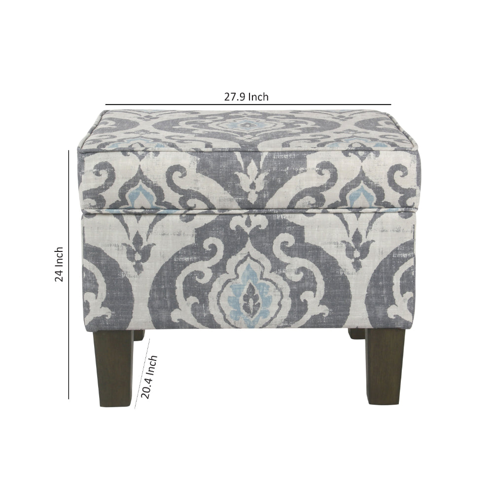 BM194113 - Wooden Ottoman with Patterned Fabric Upholstery and Hidden Storage, Gray and Blue