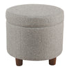 BM194126 - Fabric Upholstered Round Wooden Ottoman with Lift Off Lid Storage, Light Gray