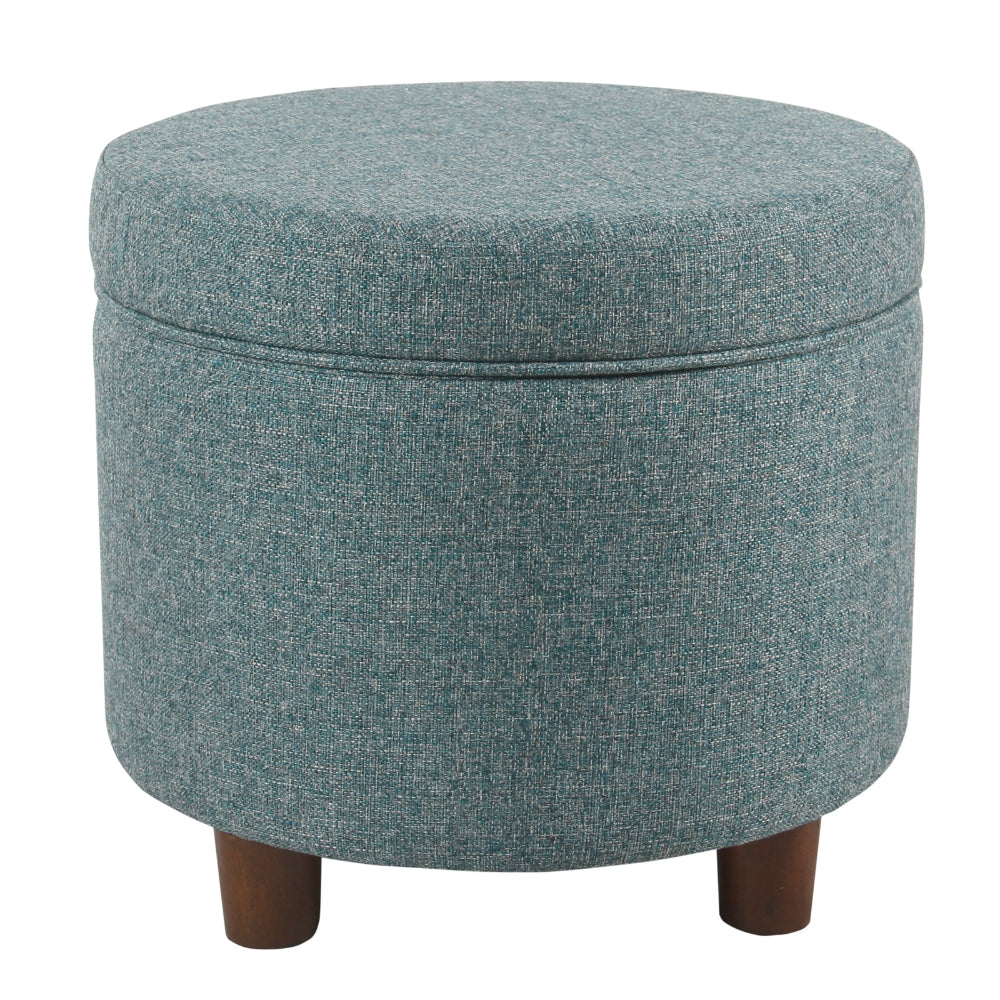 BM194127 - Fabric Upholstered Round Wooden Ottoman with Lift Off Lid Storage, Teal Blue