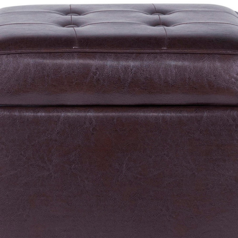 BM194129 - Square Shape Leatherette Upholstered Wooden Ottoman with Tufted Lift Off Lid Storage, Brown