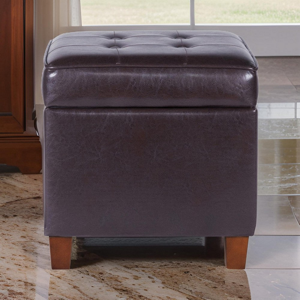 BM194129 - Square Shape Leatherette Upholstered Wooden Ottoman with Tufted Lift Off Lid Storage, Brown