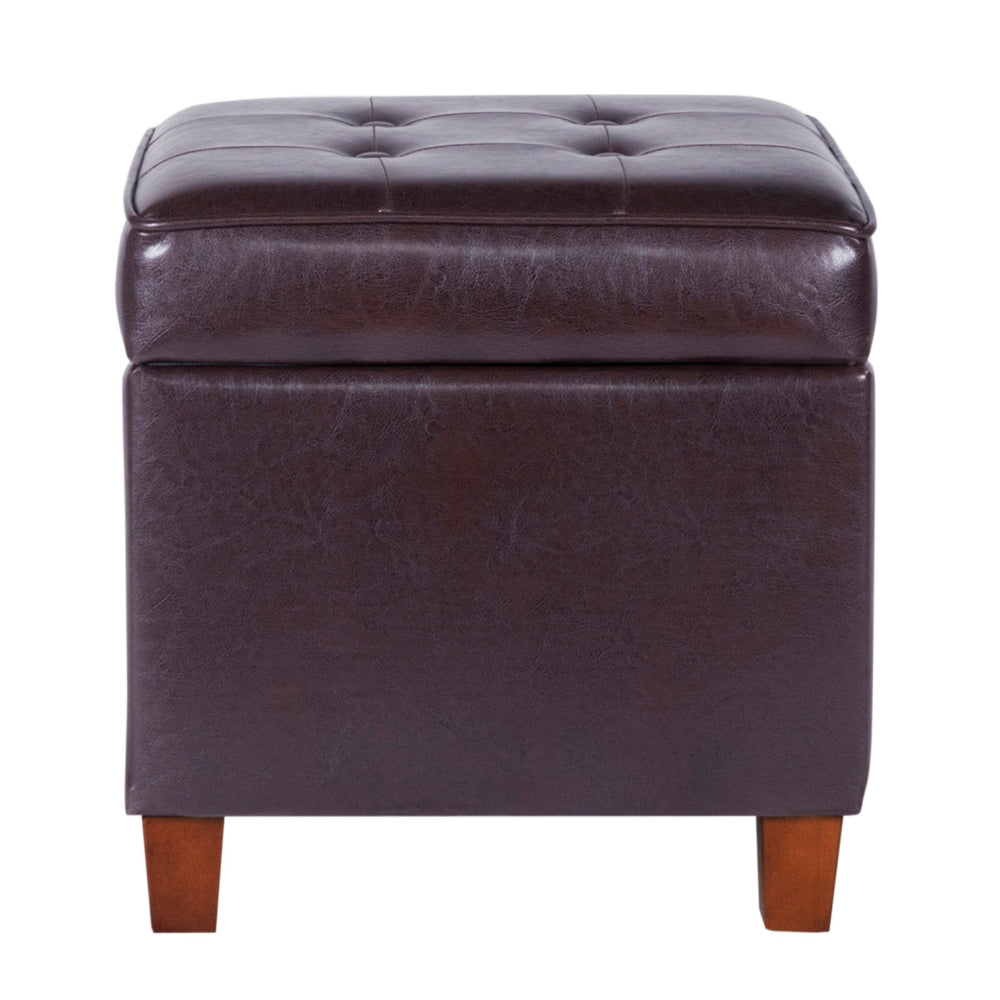 BM194129 - Square Shape Leatherette Upholstered Wooden Ottoman with Tufted Lift Off Lid Storage, Brown