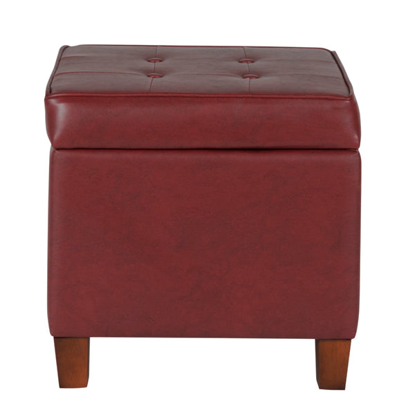 BM194130 - Square Shape Leatherette Upholstered Wooden Ottoman with Tufted Lift Off Lid Storage, Red