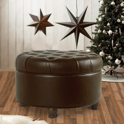BM194135 - Leatherette Upholstered Wooden Ottoman with Tufted Lift Off Lid Storage, Brown
