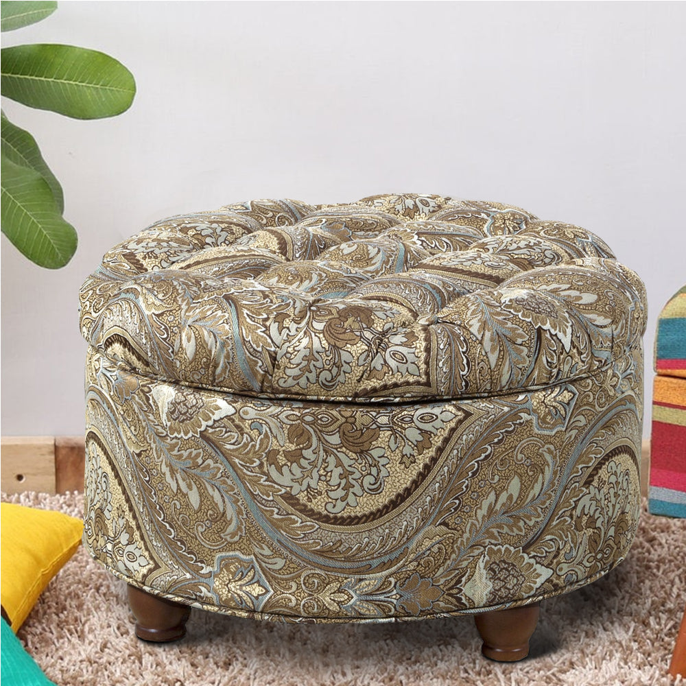BM194136 - Paisley Patterned Fabric Upholstered Wooden Ottoman with Hidden Storage, Multicolor