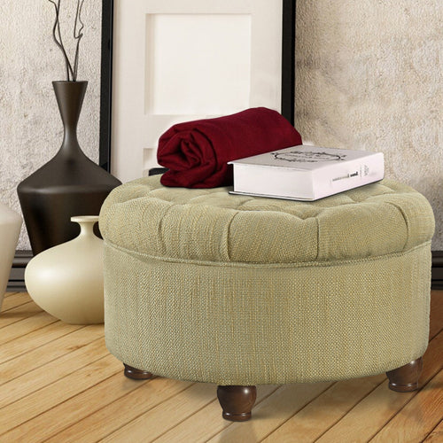 BM194137 - Fabric Upholstered Wooden Ottoman with Tufted Lift Off Lid Storage, Beige and Brown