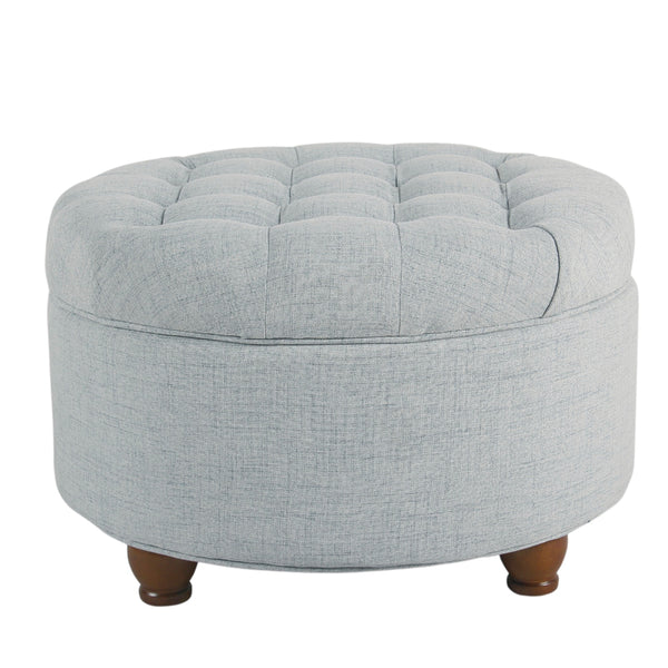 BM194140 - Fabric Upholstered Wooden Ottoman with Tufted Lift Off Lid Storage, Light Blue