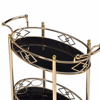Metal Framed Serving Cart with Tempered Glass Top and Open Bottom Shelf, Gold and Black  - BM194345