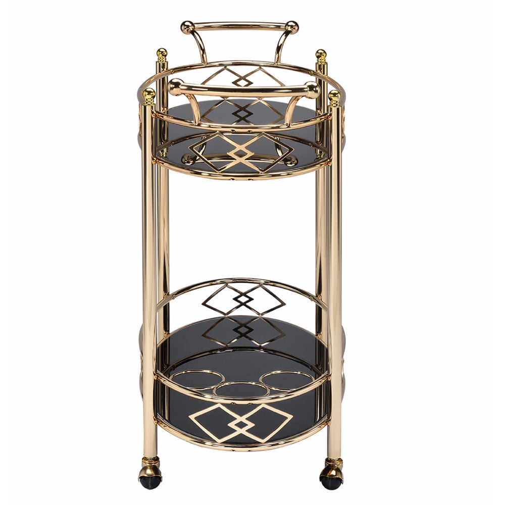 Metal Framed Serving Cart with Tempered Glass Top and Open Bottom Shelf, Gold and Black  - BM194345