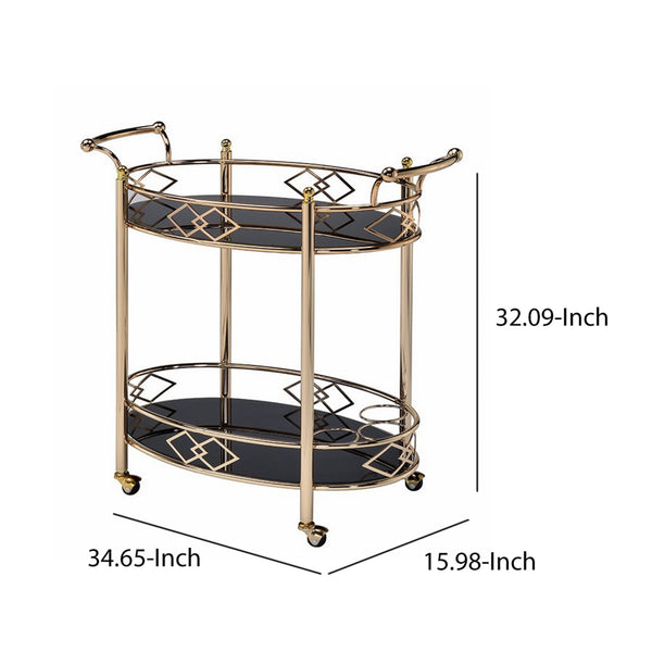 Metal Framed Serving Cart with Tempered Glass Top and Open Bottom Shelf, Gold and Black  - BM194345