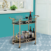 Metal Framed Serving Cart with Tempered Glass Top and Open Bottom Shelf, Gold and Black  - BM194345