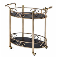 Metal Framed Serving Cart with Tempered Glass Top and Open Bottom Shelf, Gold and Black  - BM194345