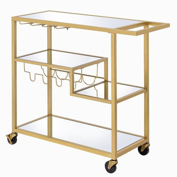 Rectangular Metal Serving Cart with Stemware and Bottle Holder, Gold - BM194348