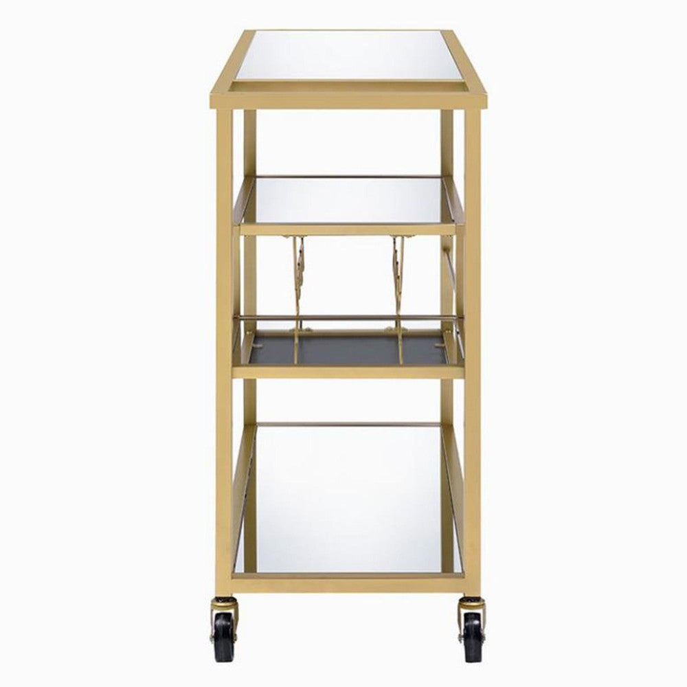 Rectangular Metal Serving Cart with Stemware and Bottle Holder, Gold - BM194348