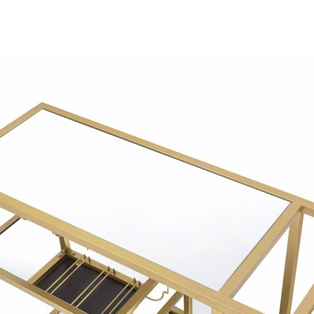 Rectangular Metal Serving Cart with Stemware and Bottle Holder, Gold - BM194348