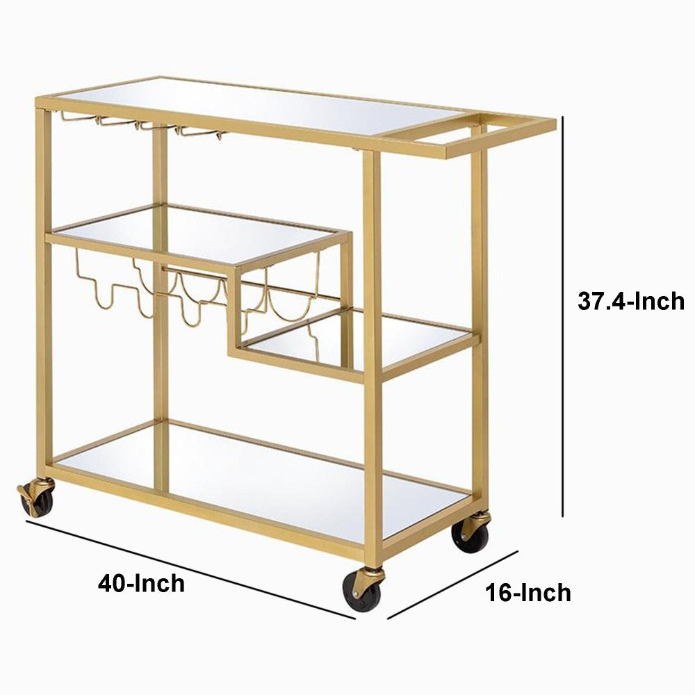 Rectangular Metal Serving Cart with Stemware and Bottle Holder, Gold - BM194348