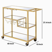 Rectangular Metal Serving Cart with Stemware and Bottle Holder, Gold - BM194348