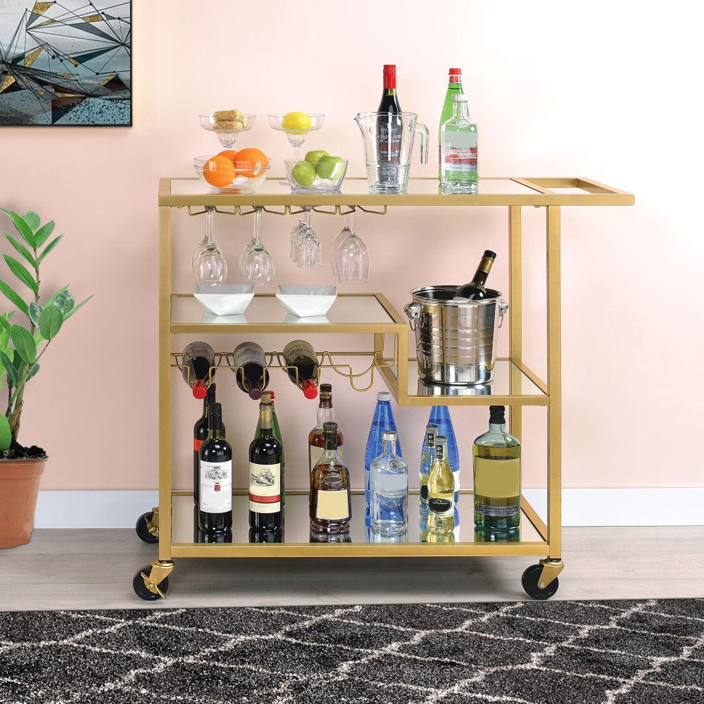 Rectangular Metal Serving Cart with Stemware and Bottle Holder, Gold - BM194348