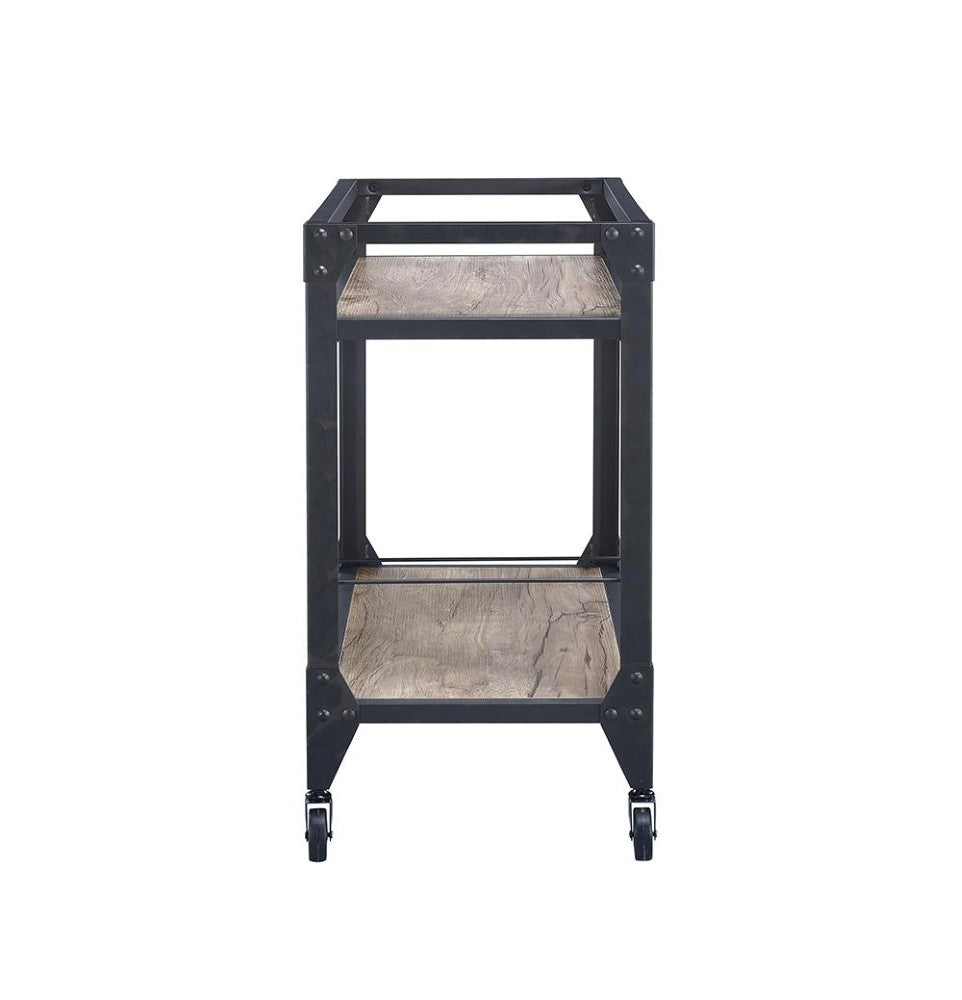 2 Tier Metal Serving Cart with Wooden Shelves and Bottle Holders, Black - BM194349