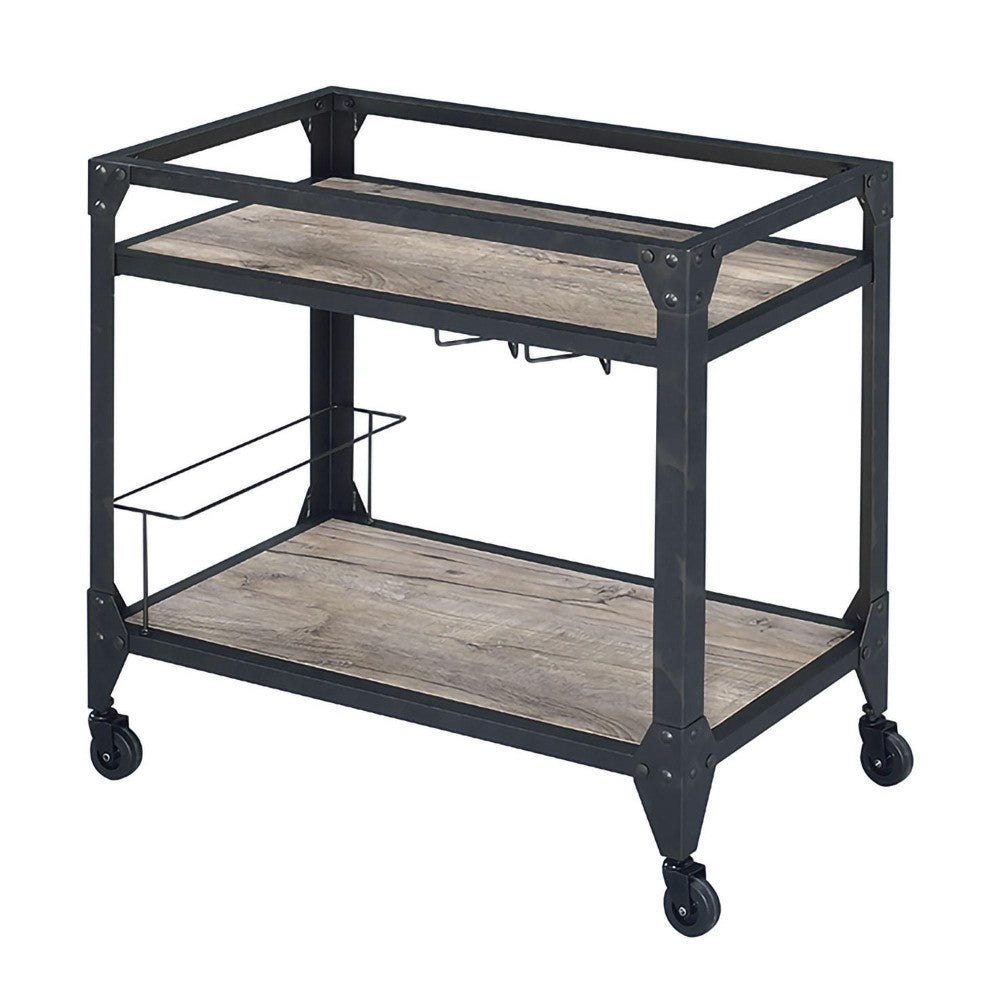 2 Tier Metal Serving Cart with Wooden Shelves and Bottle Holders, Black - BM194349